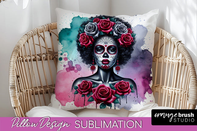 Catrina Pillow Cover - Day of the Dead Pillow Sublimation Sublimation OrangeBrushStudio 