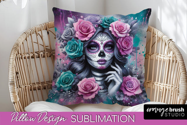 Catrina Pillow Cover - Day of the Dead Pillow Sublimation Sublimation OrangeBrushStudio 