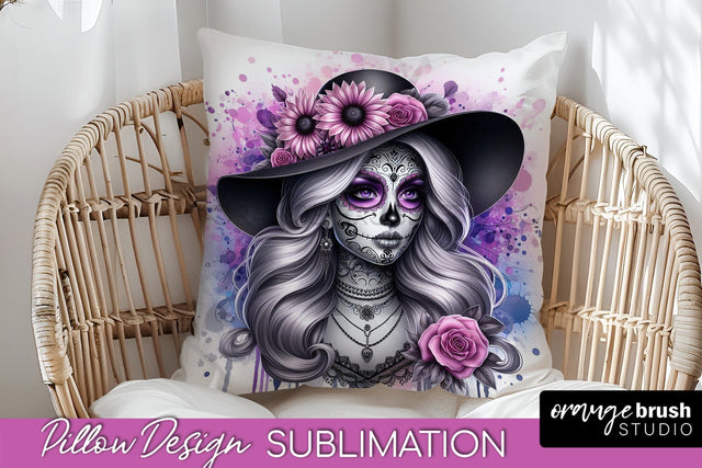 Catrina Pillow Cover - Day of the Dead Pillow Sublimation Sublimation OrangeBrushStudio 