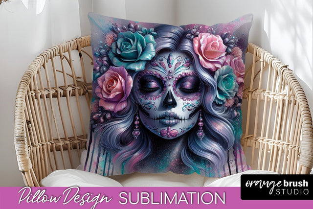 Catrina Pillow Cover - Day of the Dead Pillow Sublimation Sublimation OrangeBrushStudio 