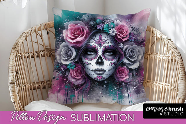 Catrina Pillow Cover - Day of the Dead Pillow Sublimation Sublimation OrangeBrushStudio 