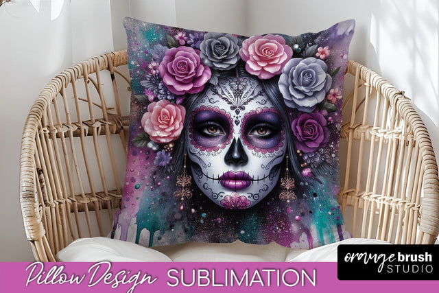 Catrina Pillow Cover - Day of the Dead Pillow Sublimation Sublimation OrangeBrushStudio 