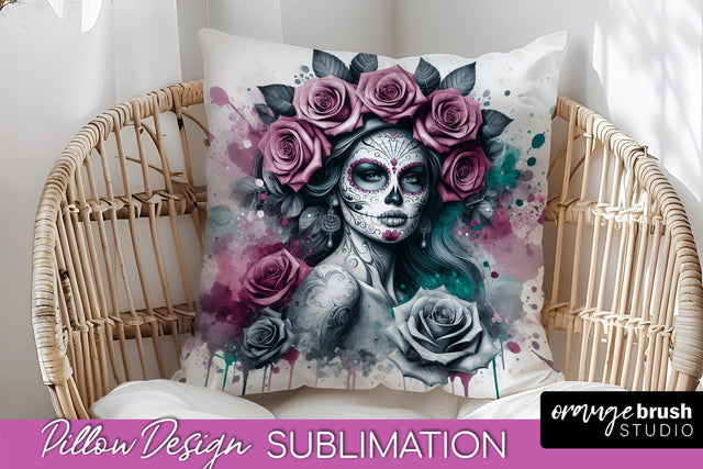 Catrina Pillow Cover - Day of the Dead Pillow Sublimation Sublimation OrangeBrushStudio 