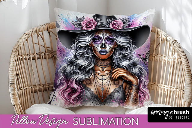 Catrina Pillow Cover - Day of the Dead Pillow Sublimation Sublimation OrangeBrushStudio 