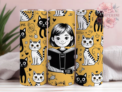 Cats And Books Lover Tumbler, Cute Cat Art, Reading Theme, Colorful Design, Museum Quality, 20Oz Tumbler, Sublimation Wrap Sublimation Li Zamperini 