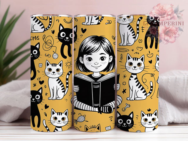 Cats And Books Lover Tumbler, Cute Cat Art, Reading Theme, Colorful Design, Museum Quality, 20Oz Tumbler, Sublimation Wrap Sublimation Li Zamperini 