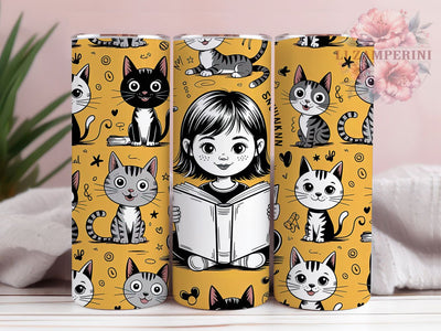 Cats And Books Lover Tumbler, Cute Cat Art, Reading Theme, Colorful Design, Museum Quality, 20Oz Tumbler, Sublimation Wrap Sublimation Li Zamperini 