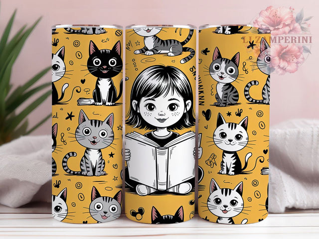 Cats And Books Lover Tumbler, Cute Cat Art, Reading Theme, Colorful Design, Museum Quality, 20Oz Tumbler, Sublimation Wrap Sublimation Li Zamperini 