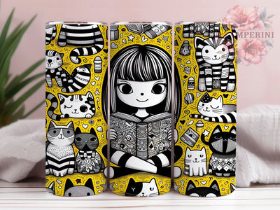 Cats And Books Lover Tumbler, Cute Cat Art, Reading Theme, Colorful Design, Museum Quality, 20Oz Tumbler, Sublimation Wrap Sublimation Li Zamperini 