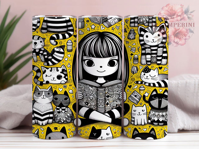 Cats And Books Lover Tumbler, Cute Cat Art, Reading Theme, Colorful Design, Museum Quality, 20Oz Tumbler, Sublimation Wrap Sublimation Li Zamperini 