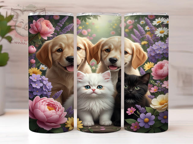 Cats and Dogs Wildflower Tumbler, Cats Design, Wildflowers Wrap, Sublimation Art, 20oz Tumbler, Nature Theme, Stylish Pattern Sublimation Lara' s Designs 