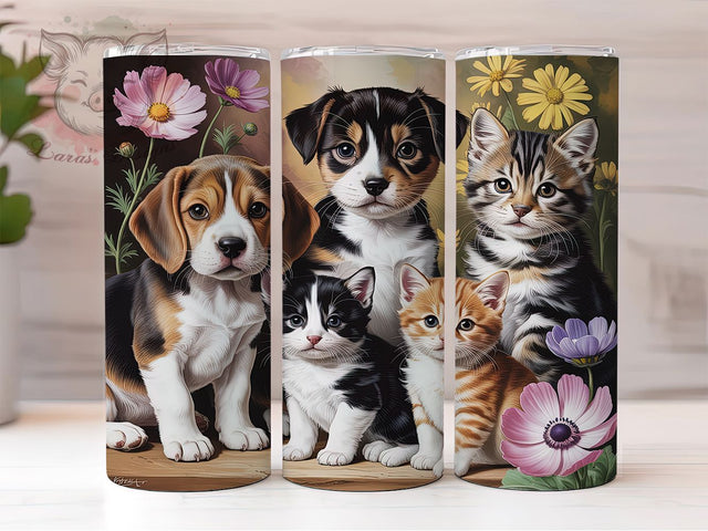 Cats and Dogs Wildflower Tumbler, Cats Design, Wildflowers Wrap, Sublimation Art, 20oz Tumbler, Nature Theme, Stylish Pattern Sublimation Lara' s Designs 