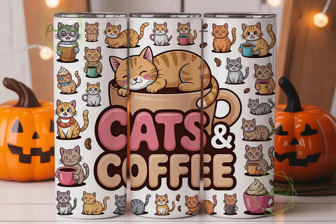 Cats & Coffee 20oz Tumbler Wrap Sublimation PixelChick 