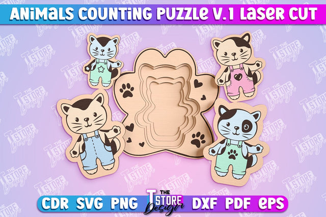 Cats Counting Puzzle Laser Cut | Baby Game Design | Animals Design v.1 SVG The T Store Design 