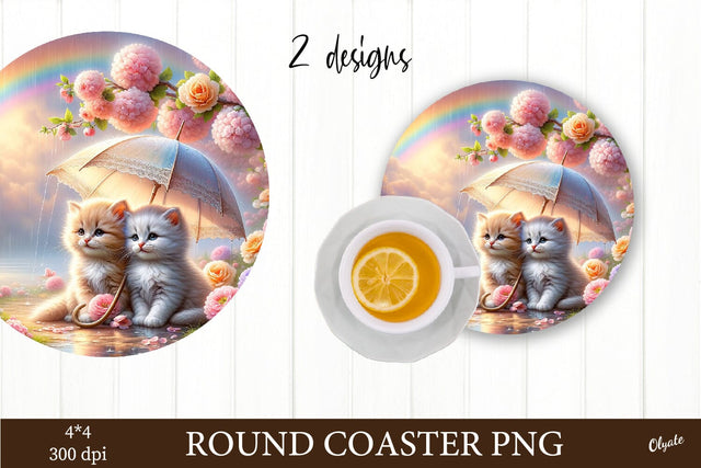 Cats with Umbrella Sublimation PNG. Round Coaster PNG Sublimation Olga Terlyanskaya 