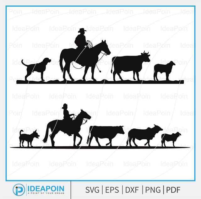 Cattle Drive SVG, Cowboy Silhouette, Cowboy svg, Cowboy Riding Horse Herding Cows, Cowboy Riding Horse svg, Cattle Roping Cowboy SVG Dinvect 