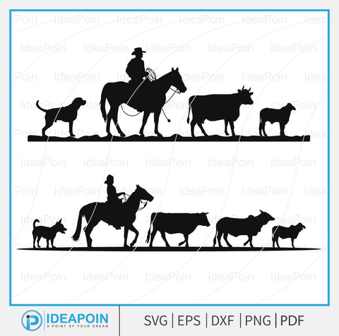 Cattle Drive SVG, Cowboy Silhouette, Cowboy svg, Cowboy Riding Horse Herding Cows, Cowboy Riding Horse svg, Cattle Roping Cowboy SVG Dinvect 