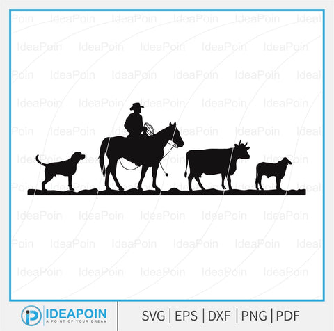 Cattle Drive SVG, Cowboy Silhouette, Cowboy svg, Cowboy Riding Horse Herding Cows, Cowboy Riding Horse svg, Cattle Roping Cowboy SVG Dinvect 