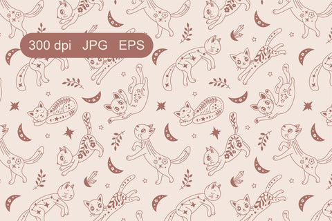 Celestial Cats Seamless Pattern Digital Pattern Rin Green 