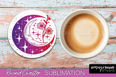 Celestial Coaster Sublimation, Boho Mystical Round Coaster Sublimation OrangeBrushStudio 