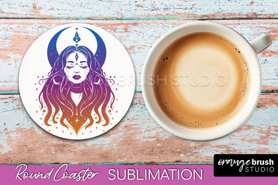 Celestial Coaster Sublimation, Boho Mystical Round Coaster Sublimation OrangeBrushStudio 