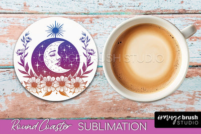 Celestial Coaster Sublimation, Boho Mystical Round Coaster Sublimation OrangeBrushStudio 