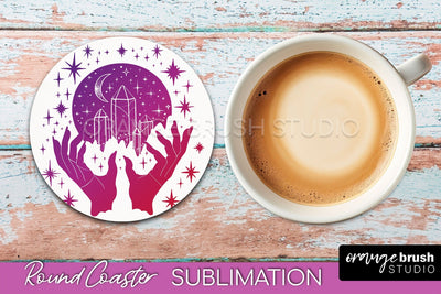Celestial Coaster Sublimation, Boho Mystical Round Coaster Sublimation OrangeBrushStudio 