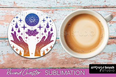 Celestial Coaster Sublimation, Boho Mystical Round Coaster Sublimation OrangeBrushStudio 