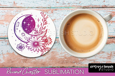 Celestial Coaster Sublimation, Boho Mystical Round Coaster Sublimation OrangeBrushStudio 