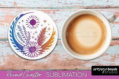 Celestial Coaster Sublimation, Boho Mystical Round Coaster Sublimation OrangeBrushStudio 
