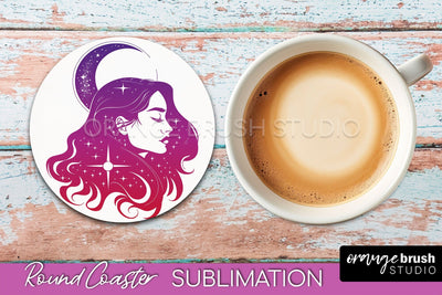 Celestial Coaster Sublimation, Boho Mystical Round Coaster Sublimation OrangeBrushStudio 