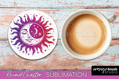 Celestial Coaster Sublimation, Boho Mystical Round Coaster Sublimation OrangeBrushStudio 