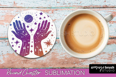 Celestial Coaster Sublimation, Boho Mystical Round Coaster Sublimation OrangeBrushStudio 