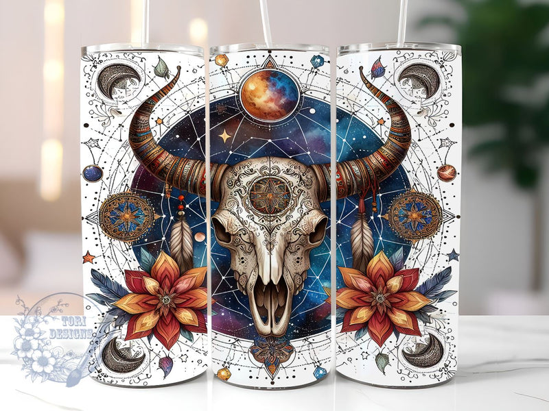Celestial Cow Skull 20oz Skinny Tumbler, Mystical Bull Skull Graphic Tumbler Png, Straight & Tapered Tumbler Wrap, Instant Digital Download Sublimation ToriDesigns 