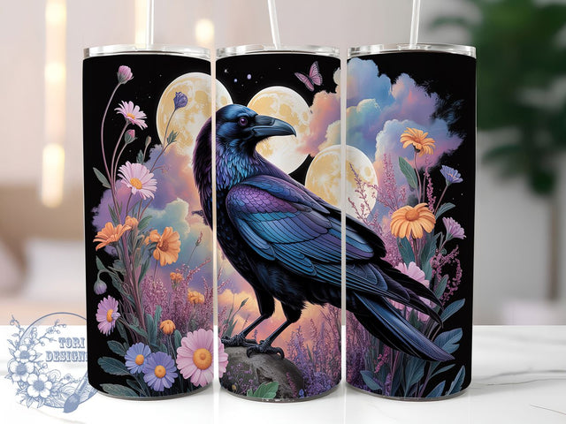 Celestial Full Moon Raven Tumbler, Celestial Raven, Floral Raven, Raven Tumbler, 20oz Tumbler Wrap, Sublimation Design, Skinny Tumbler Png Sublimation ToriDesigns 
