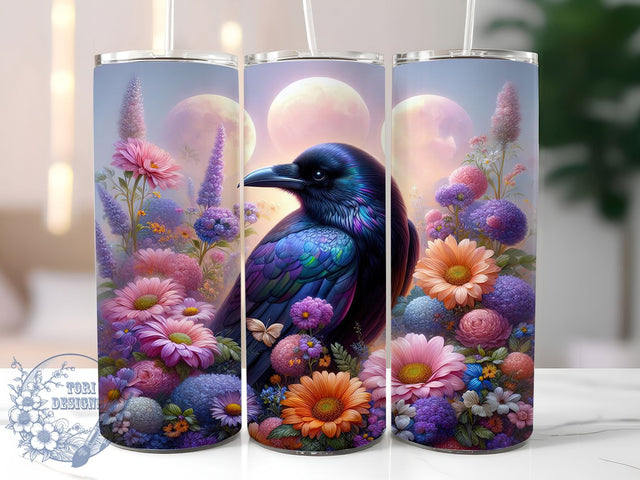 Celestial Full Moon Raven Tumbler, Celestial Raven, Floral Raven, Raven Tumbler, 20oz Tumbler Wrap, Sublimation Design, Skinny Tumbler Png Sublimation ToriDesigns 