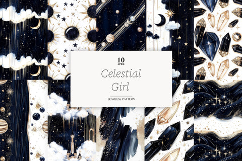 Celestial Goddess Digital Paper | Moon Star Seamless Pattern Digital Pattern GlamArtZhanna 