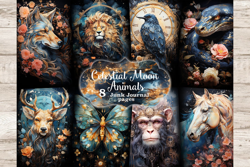 Celestial Moon Junk Journal Kit | Animals Printable Pages - So Fontsy