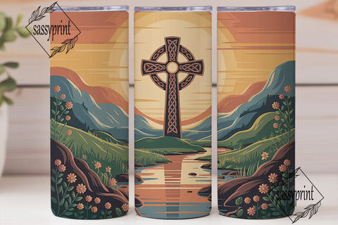 Celtic Cross Sunset 20oz Tumbler Wrap Sublimation sassyprint 