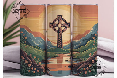 Celtic Cross Sunset 20oz Tumbler Wrap Sublimation sassyprint 