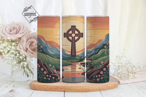 Celtic Cross Sunset 20oz Tumbler Wrap Sublimation sassyprint 
