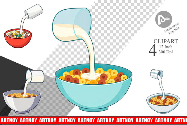Cereal Bowl with Milk Clipart Sublimation artnoy 