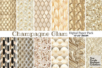 Champagne Gold Glam Digital Paper | Luxury Glitter Art Deco Digital Pattern Fine Purple Elephant Creations 