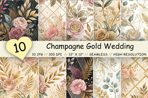 Champagne Gold Wedding Digital Paper, Seamless Watercolor Pattern Bundle, Printable Scrapbook Paper, Luxury Bridal Design Collection Digital Pattern FloridPrintables 