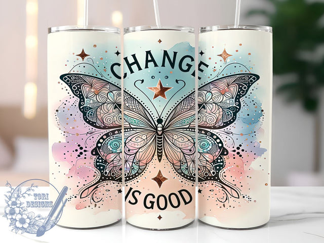 Change is Good Boho Butterfly 20oz Skinny Tumbler, Boho Butterfly Tumbler Png, Straight & Tapered Tumbler Wrap, Instant Digital Download Sublimation ToriDesigns 