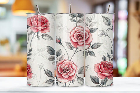Charcoal Sketch Rose Seamless Tumbler Wrap, Gray Roses with Pencil Texture Sublimation FloridPrintables 