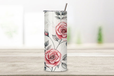 Charcoal Sketch Rose Seamless Tumbler Wrap, Gray Roses with Pencil Texture Sublimation FloridPrintables 