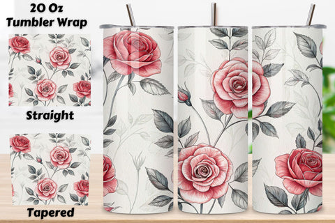 Charcoal Sketch Rose Seamless Tumbler Wrap, Gray Roses with Pencil Texture Sublimation FloridPrintables 