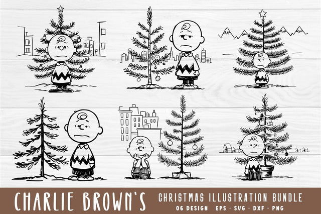Charlie Brown's Sad Little Christmas Tree Illustration Bundle, Christmas Tree Hand draw Ornament Bundle Design SVG FiveStarCrafting 