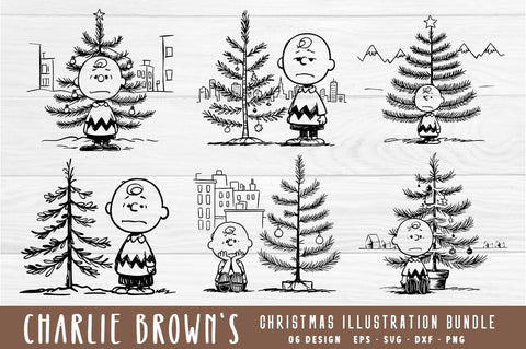 Charlie Brown's Sad Little Christmas Tree Illustration Bundle, Christmas Tree Hand draw Ornament Bundle Design SVG FiveStarCrafting 